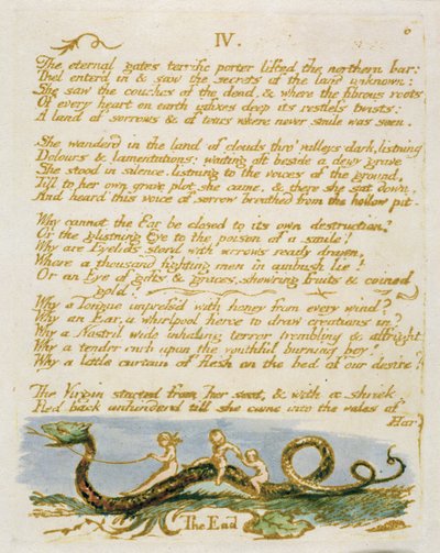 「IV The Eternal Gates ...」、「The Book of Thel」のプレート8、1789年（紙にペンとトイレで手書きのレリーフエッチング） 作： William Blake